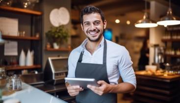 Happy business owner holding tablet