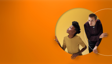 Orange background with two people